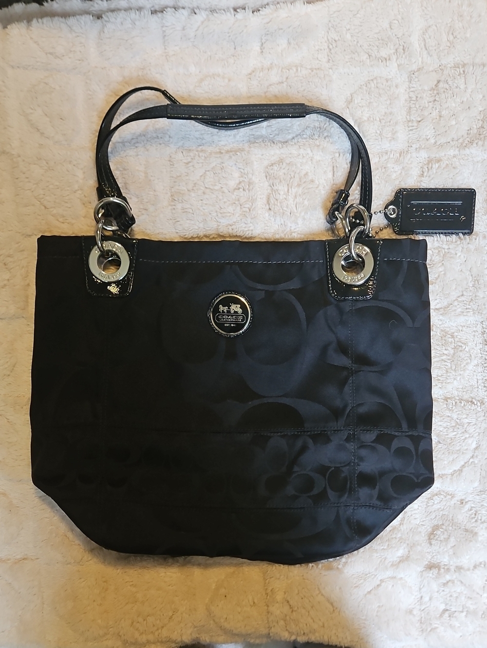 Coach Black Logo Jacquard Tote with Silver Accents